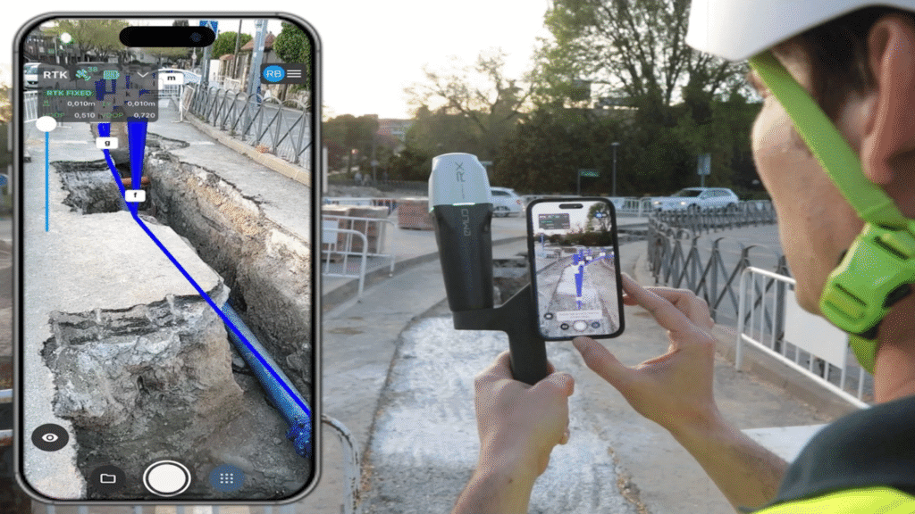 Illustration d’un scan de fouille 3D et d’une implantation réseau sur chantier à Genève, permettant de localiser et documenter précisément les canalisations enterrées avant et après excavation.