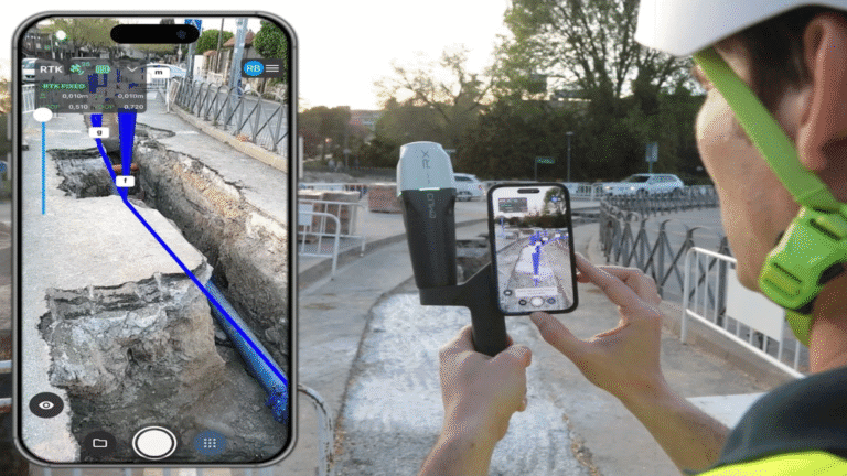Illustration d’un scan de fouille 3D et d’une implantation réseau sur chantier à Genève, permettant de localiser et documenter précisément les canalisations enterrées avant et après excavation.