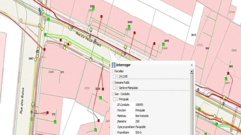 Extrait de plan SIG Genève affichant les réseaux enterrés Rue des Bains, utilisé par JD Dusonchet pour préparer les fouilles et sécuriser les interventions sans plan fiable.